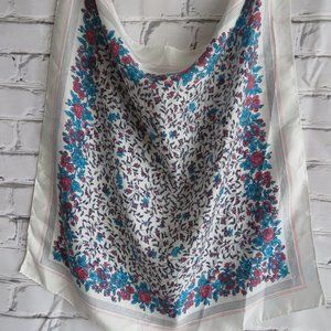 Vintage 1970s Square Vintage Pink, White & Blue Floral Scarf